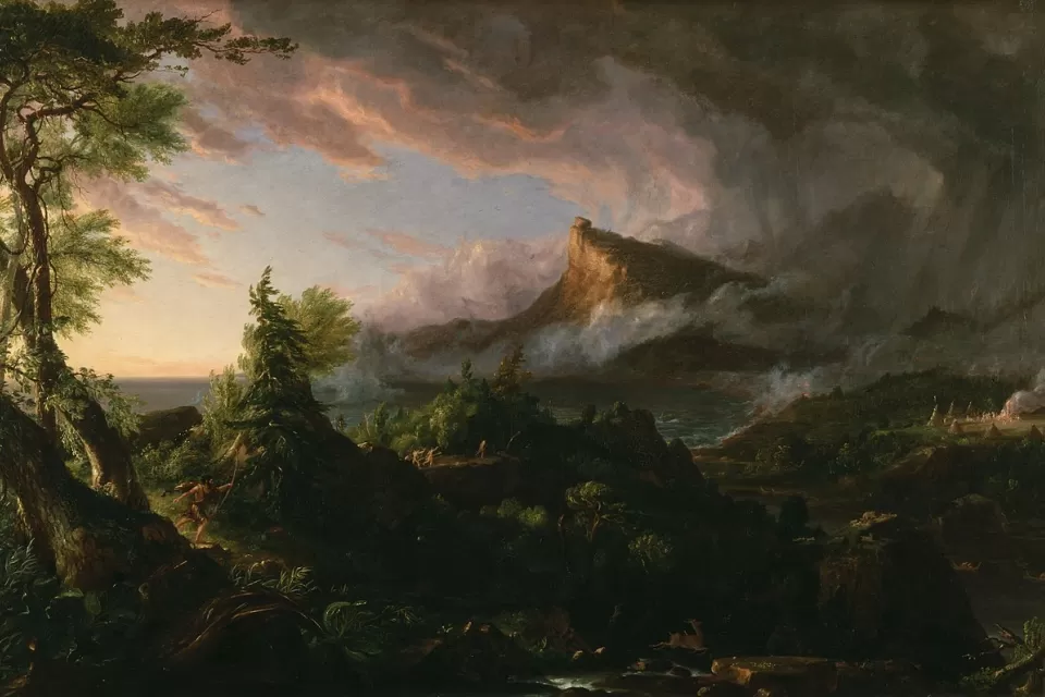 Pastoral landscape painting by Thomas Cole depicting pre-colonized idyllic scene